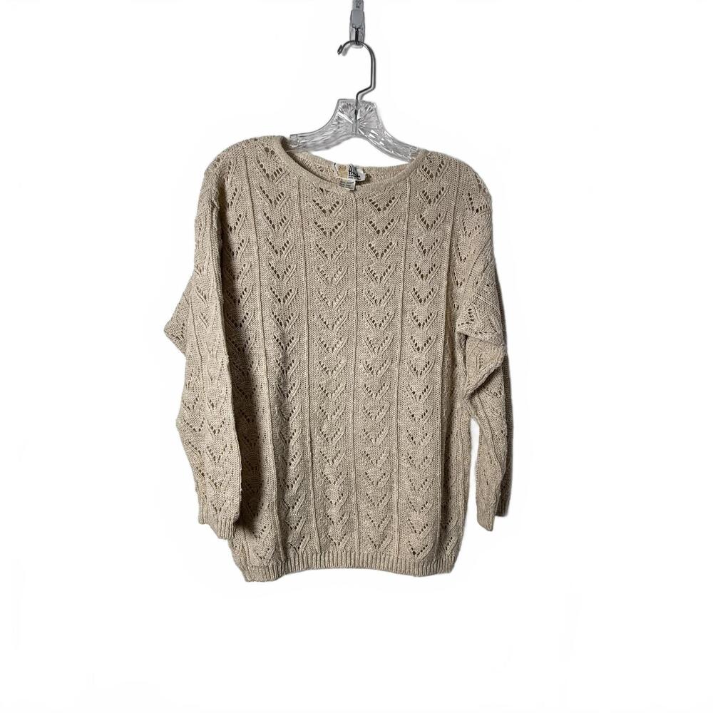 VTG PRINGLE‎ OF SCOTLAND Beige Cotton Blend Eyelet Crew Neck Sweater Wms L